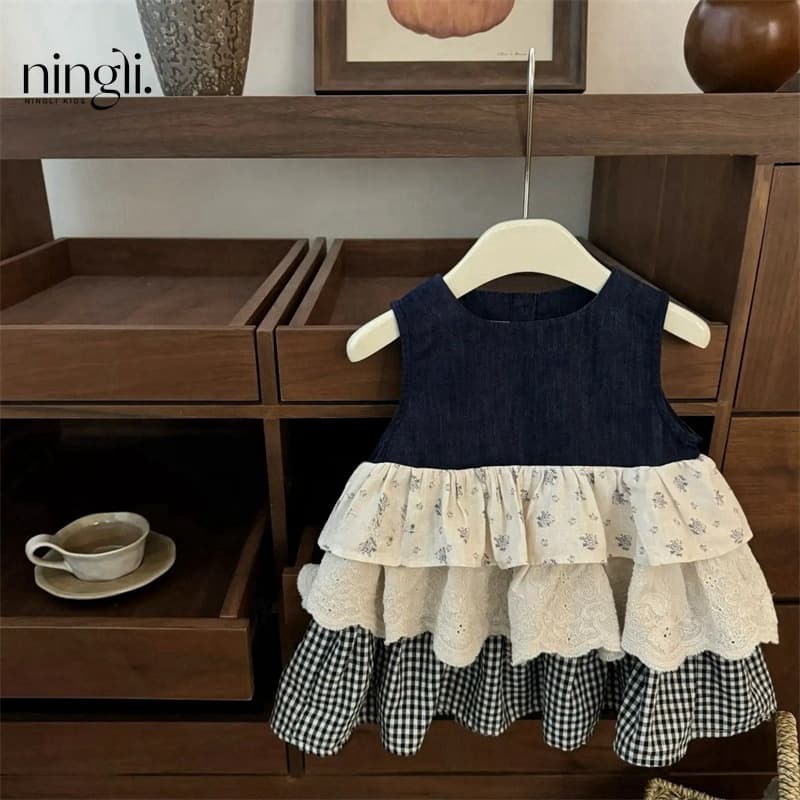 Ningli Girls Sleeveless Vest Dress Children's Floral Plaid Splicing Cake Dress Baby Dress Skirt Stacking Women