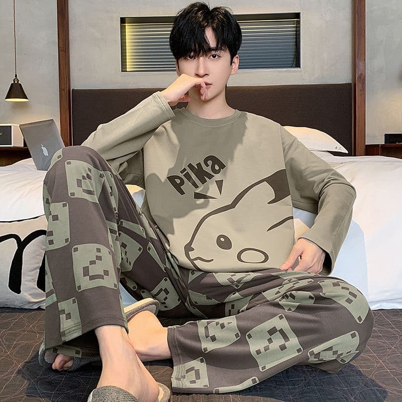 Men's Pajamas Spring Autumn Long Sleeve Thin Cartoon Pikachu Youth Plus Size Student Autumn Homewear Set