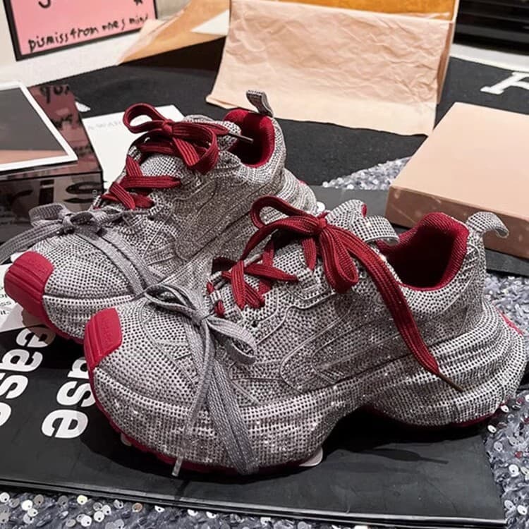 Dad sneakers women's ins super popular rhinestone full diamond lace-up casual shoes red dad shoes niche design stylish women's shoes