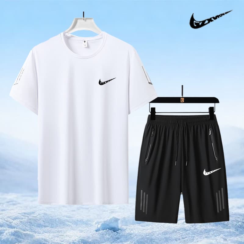 Summer new fashion large size suit men's casual breathable ice silk two-piece suit men's loose breathable quick-drying men's clothing