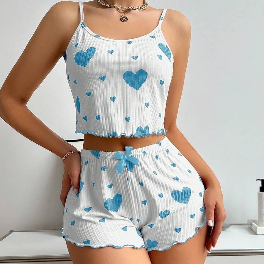 New Summer Women's Knit Stripe Pajama Set, Love Print, Pure and Sexy Camisole and Shorts