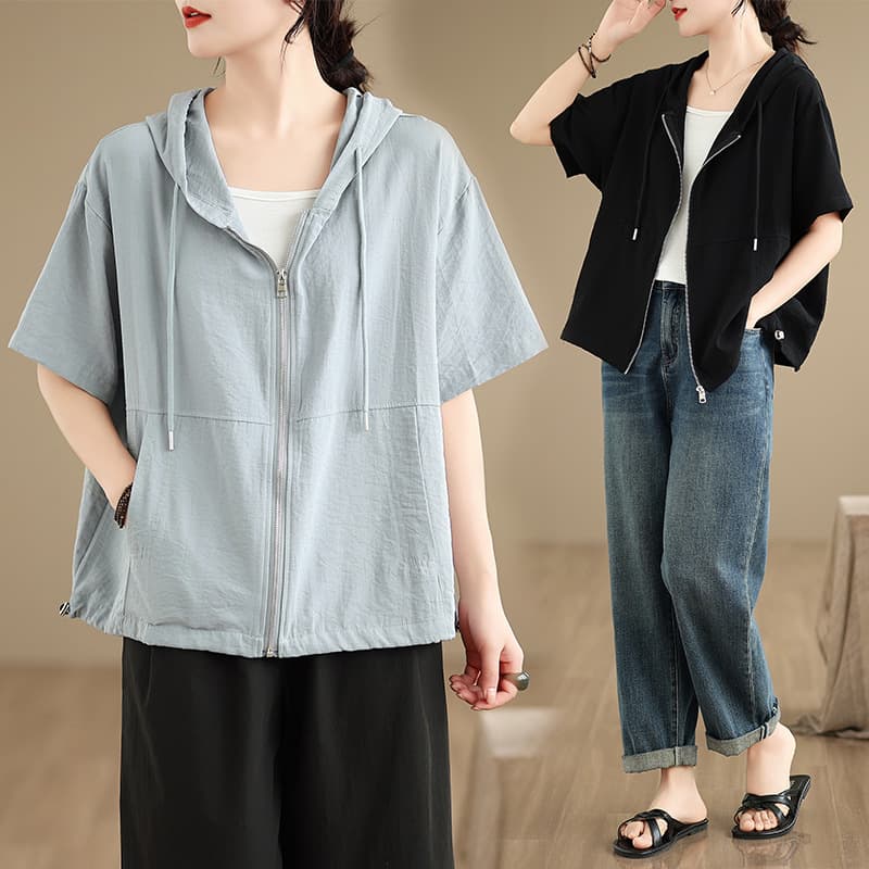 Summer New Hooded Solid Casual Pocket T-Shirt Zip-Up Jacket with Drawstring Hem