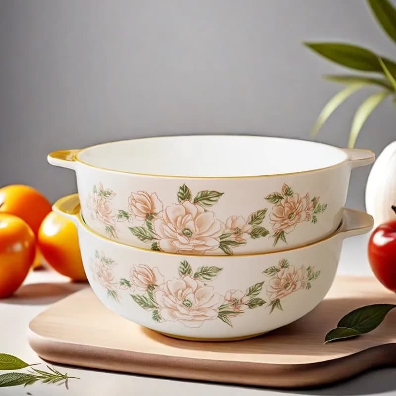 Camellia Large Ceramic Soup Bowl, Sour Cabbage Fish Double-Handled Bowl, Home and Commercial Use, Deep and Thickened Large Bowl for Malatang