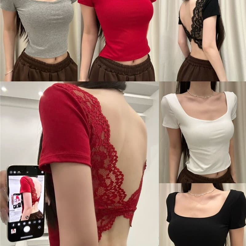 Korean-Style Instagram-Worthy Butterfly Lace Backless Short-Sleeve T-Shirt for Women, New Summer Style, Trendy Short Design Top