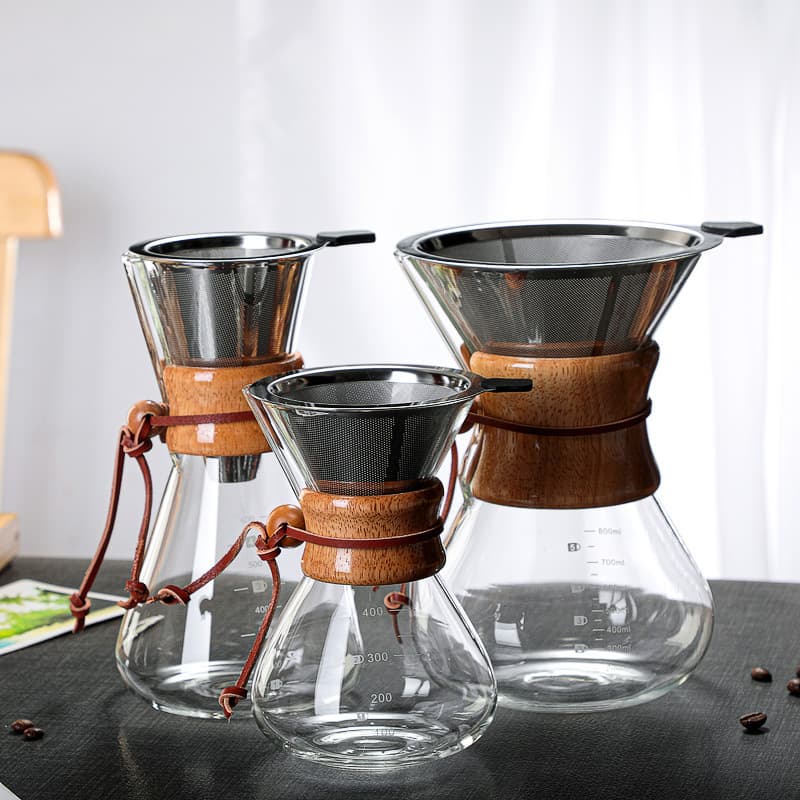 Wood Chip Coffee Server Borosilicate Glass Pour Over Coffee Pot High Temperature Resistant Chemex Pot with Filter