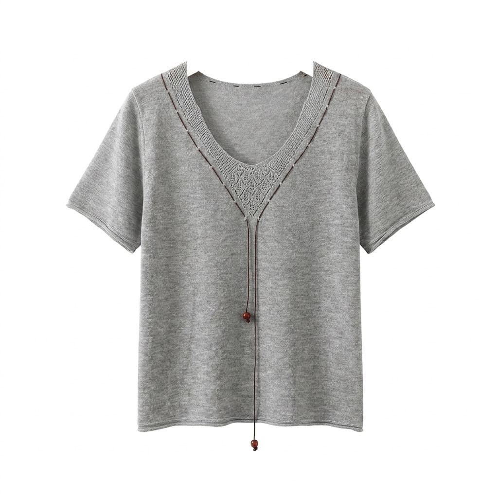 French V-Neck Tie Short Sleeve Knit Top Women Summer Thin Slim Fit Versatile Top Gray Lace Design