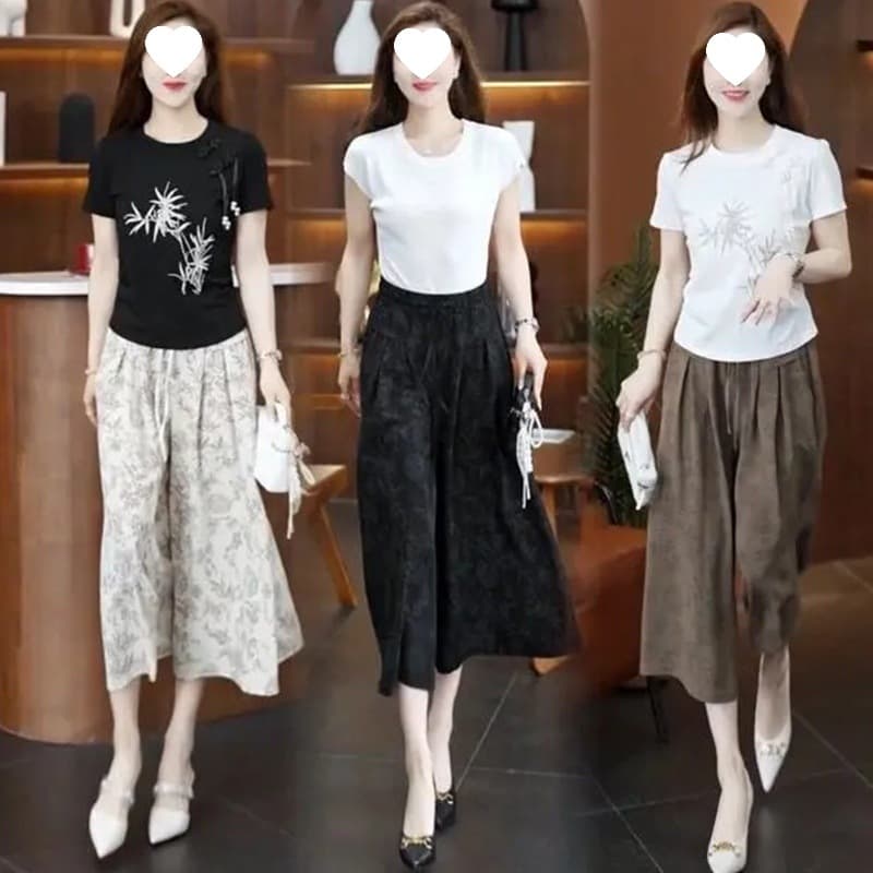 [With Pockets] Summer Thin Mom Wide Leg Cropped Pants Women's High Waisted Versatile Casual Pants Loose Cool Skirts