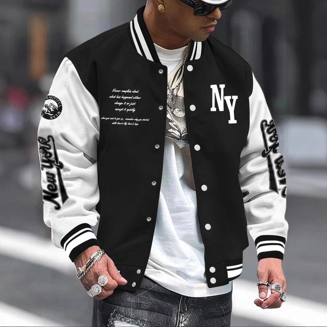 Men's letter print baseball collar bomber jacket loose casual sports long-sleeved varsity jacket spring and spring
