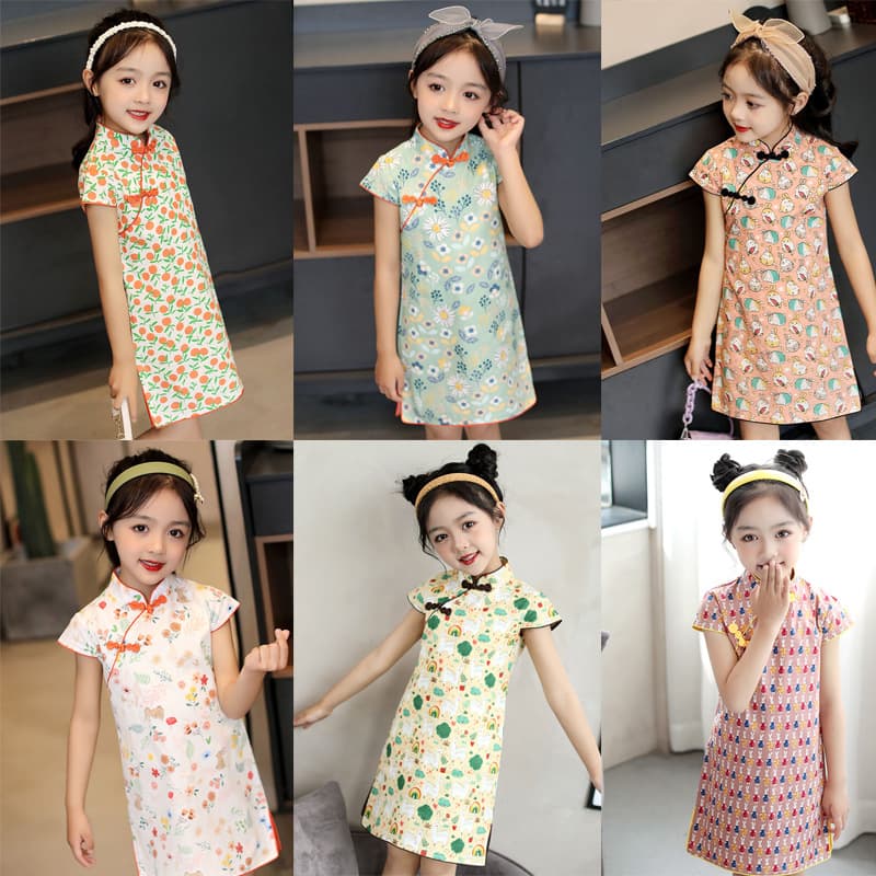2023 Summer New Style Short-Sleeved Cheongsam Dress for Girls, Modified Baby Cheongsam Dress, Ethnic Style Children's Dress, Chinese Style