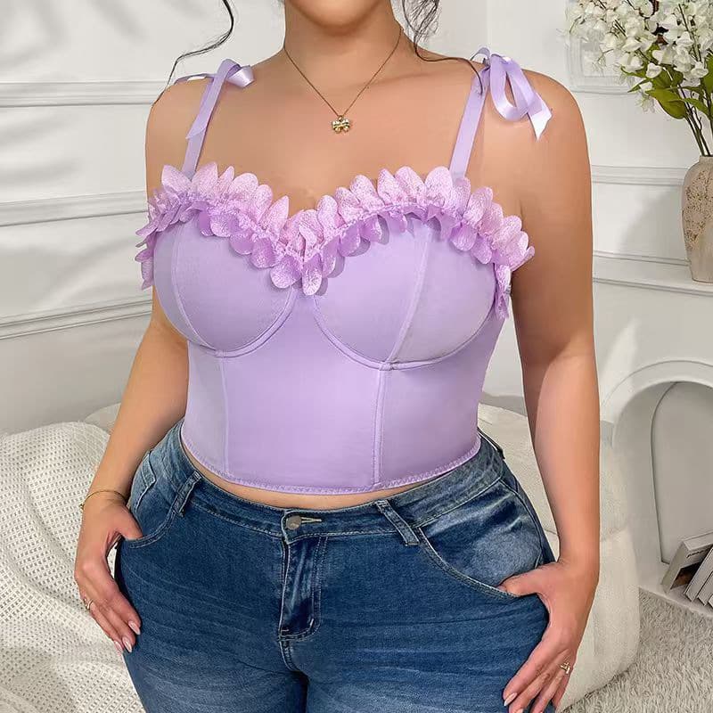 Plus Size Purple Fishbone Corset Ruffle Strap Bodysuit Slimming Shapewear Outerwear Innerwear Short Trendy Top
