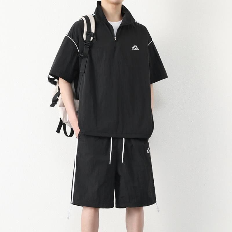 American Three-Stripe Ice Silk Casual Men's Summer Sport Suit Complete Outfit Quick-Dry Clothing