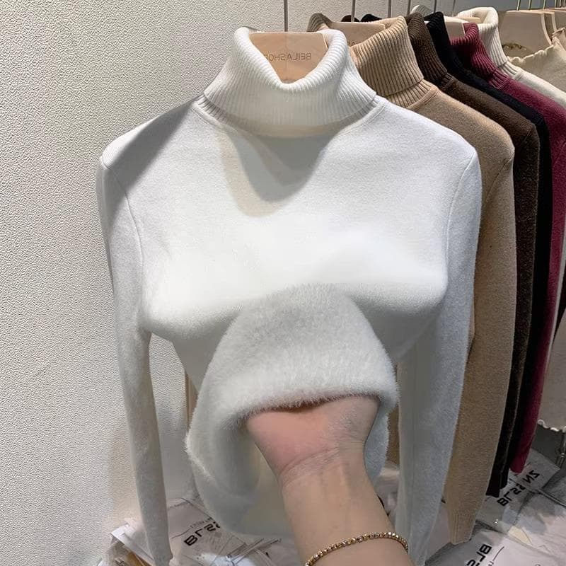 Autumn and winter threaded high collar plus velvet thickened bottoming knitted sweater for women warm all-in-one velvet top long-sleeved knitted