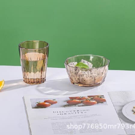 Dubate Glassware Set: Salad Bowl, Diamond-Shaped Brown Glass Cup, Geometric Aesthetic Milk Bowl Gift Box