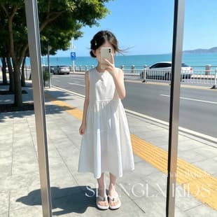 Girls White Dress Summer 2026 New Style Big Girl Summer Vacation Beach Dress Children's Beach Outfit
