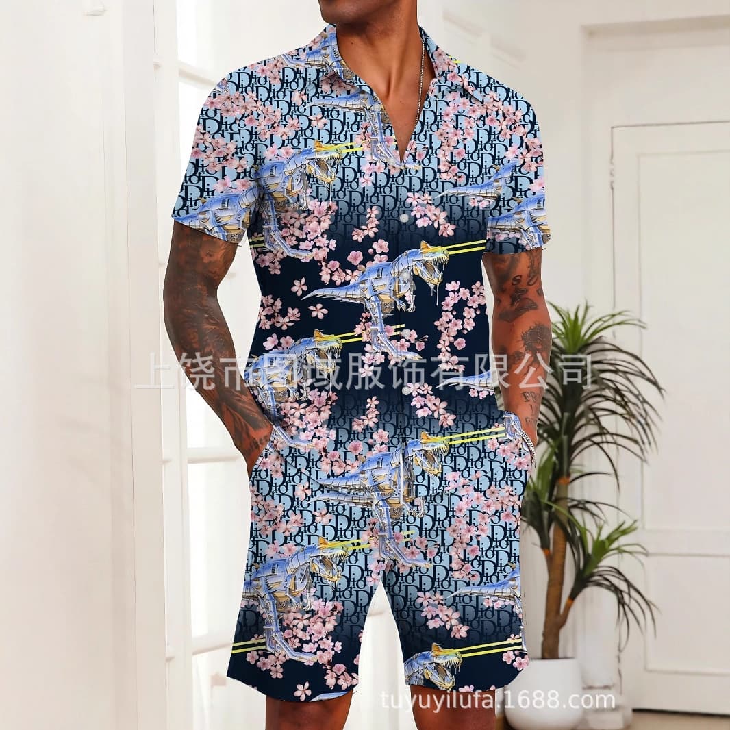First Order Discount Summer Dior Full Print CD Short Sleeve Shirt Shorts Casual Sport Trendy Set for Men and Women