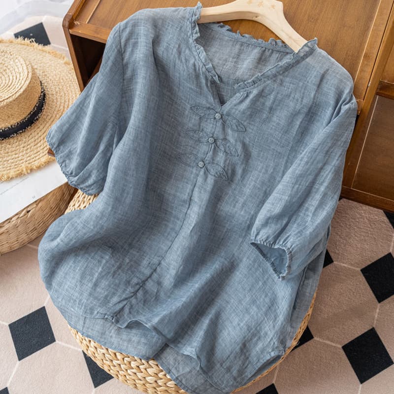 Cotton and Linen Embroidered V-Neck Short-Sleeve T-Shirt Top for Women, Summer Thin Wood-Ear Ruffled Plus Size Loose Breathable Shirt