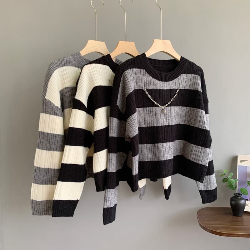 High-Quality Version! Premium Round Neck Chain Stripe Thick Sweater