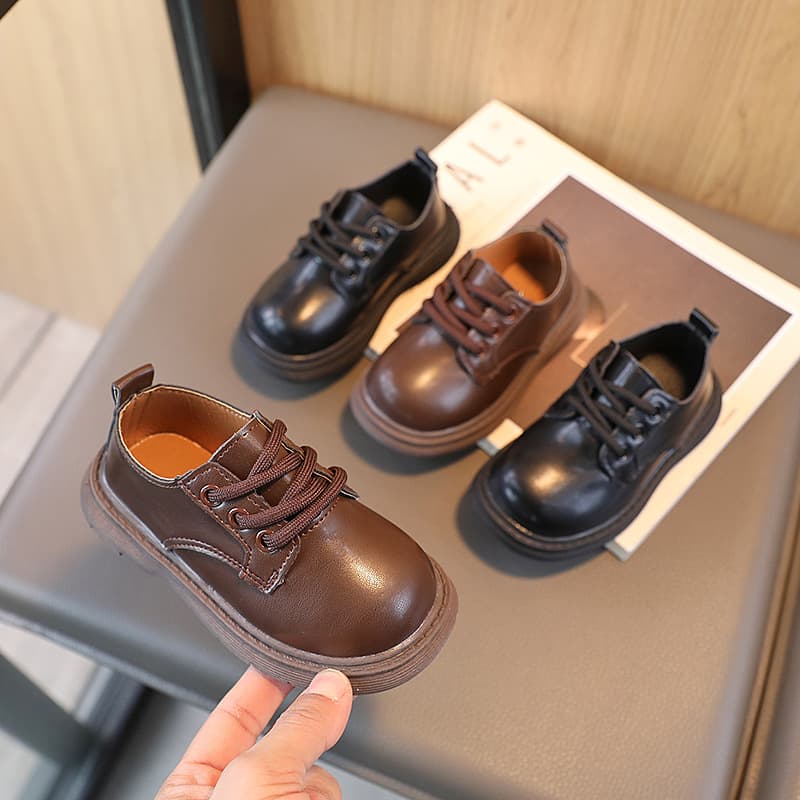 2023 Spring New Children's Leather Shoes, Girls' Simple British Style Small/Medium Kids' Leather Shoes, Lace-Up Boys' Pumps