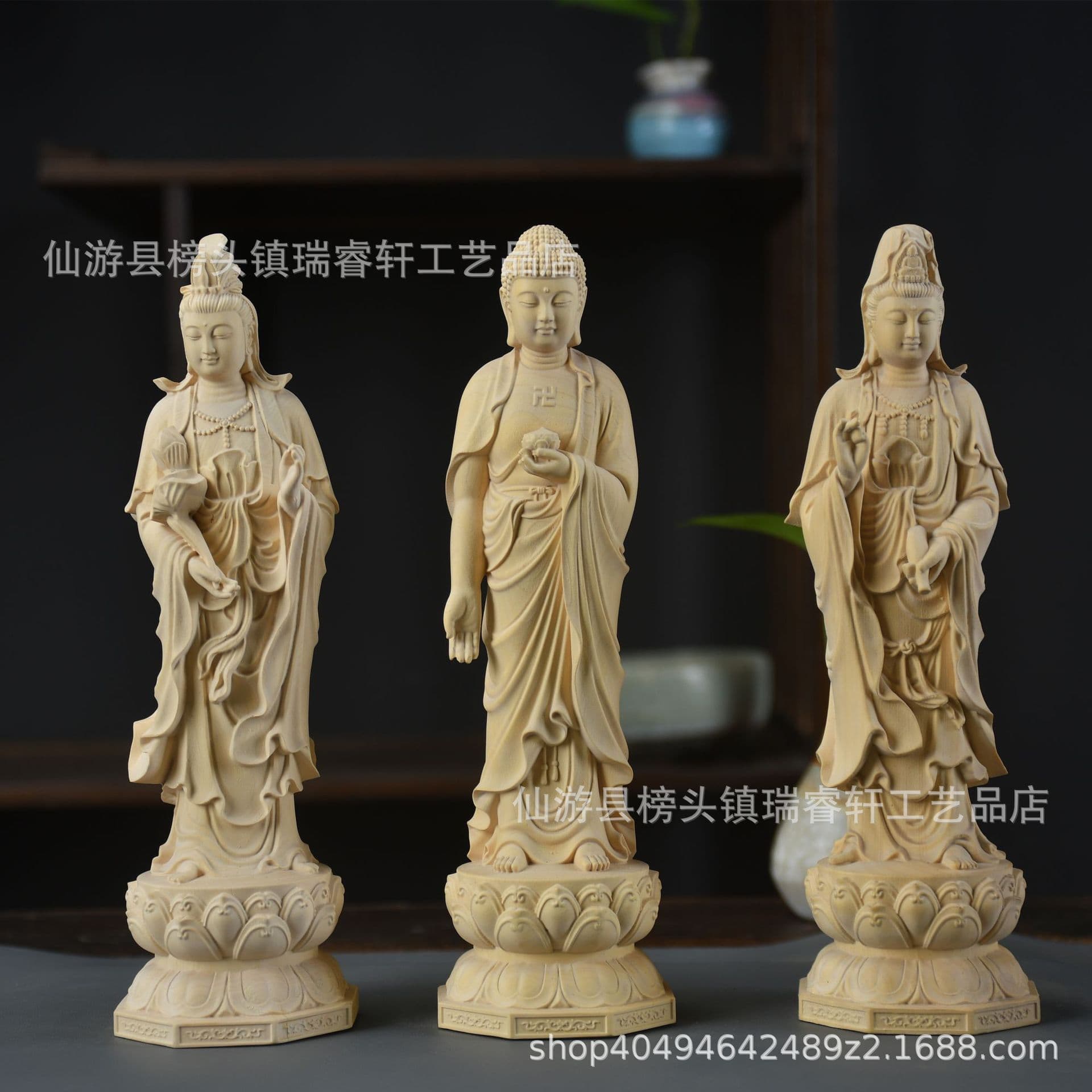 Boxwood Carved Buddha Statue Western Three Saints Pure Vase Guanyin Home Desktop Living Room Decoration Wooden Craft Ornament