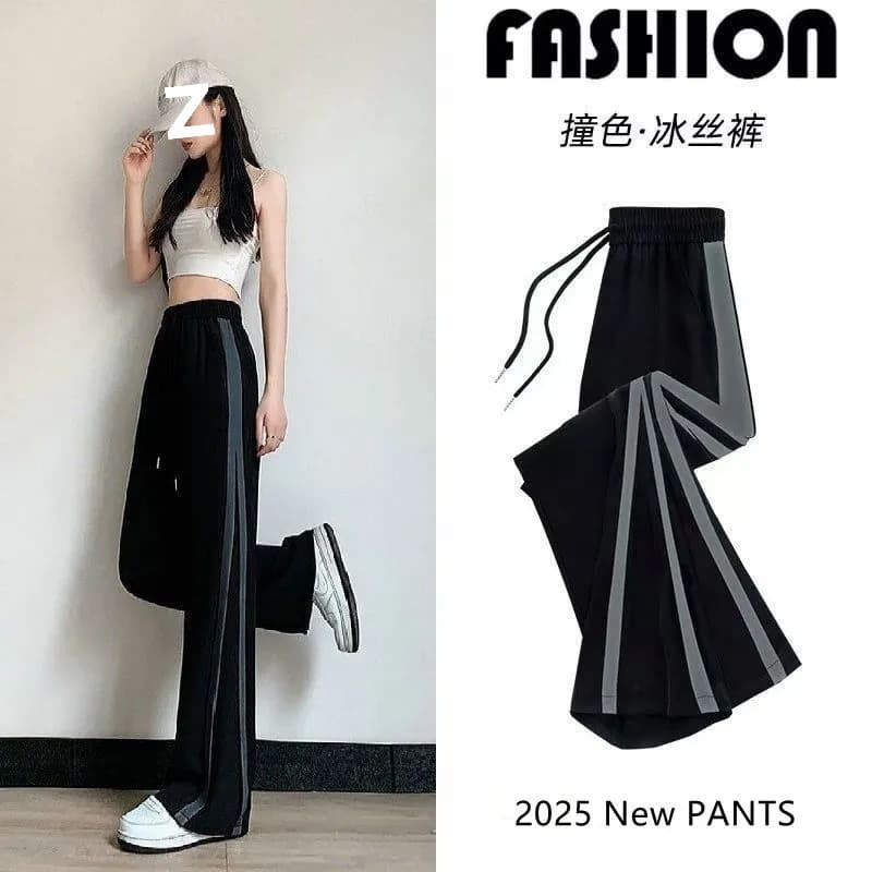 Women's Summer Thin High-Waist Straight Wide-Leg Pants, Loose Fit, Petite-Friendly, Ice Silk Split Stripe Casual Sweatpants
