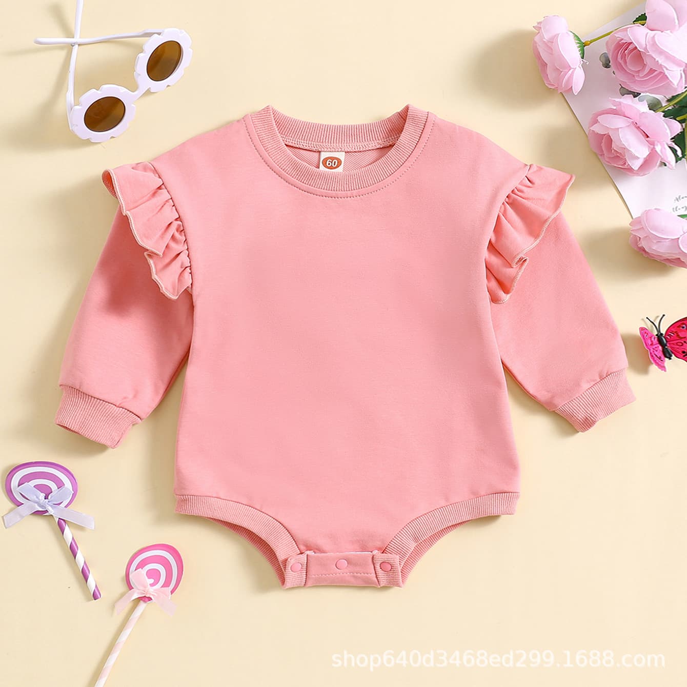 2026 new baby girl pink fungus long-sleeved jumpsuit spring and autumn baby cotton crawler suit cute and sweet haha