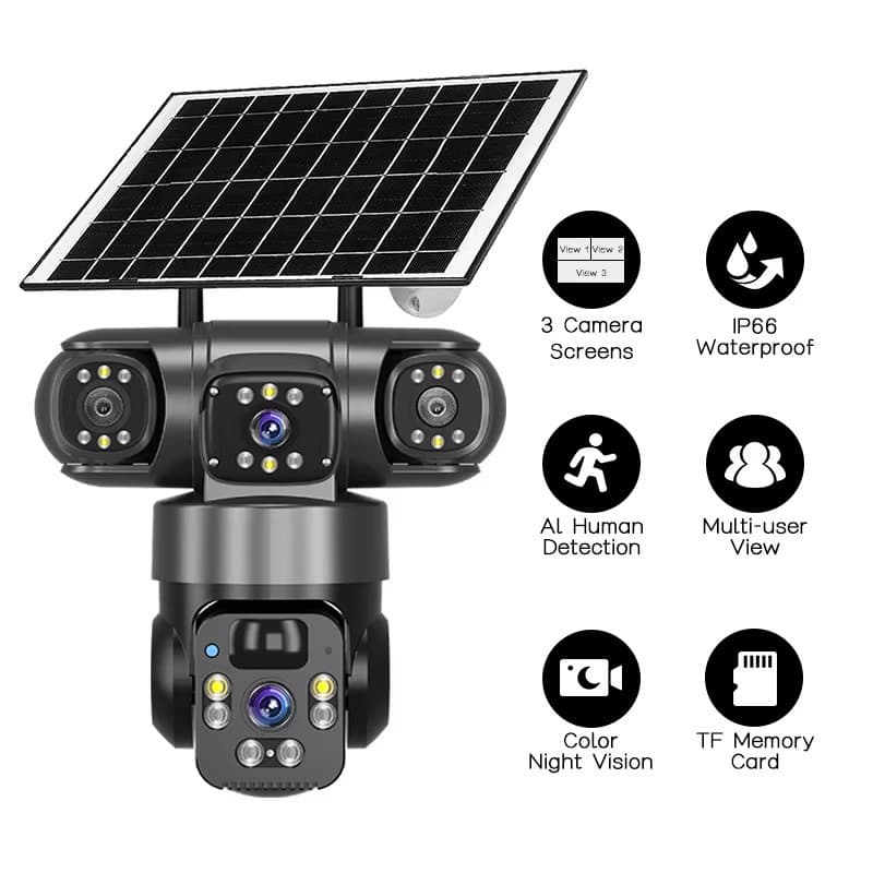 3-lens panoramic 360-degree three-view wireless intelligent Wi-Fi/4G solar-powered camera surveillance PTZ camera