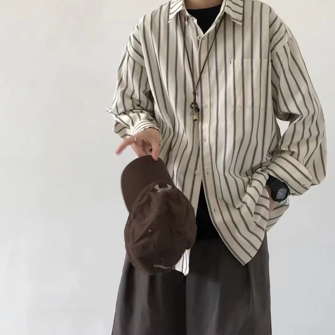 Unisex Striped Shirt Men's Long Sleeve Layering Japanese Retro Top Designer Niche Inner Wear Outerwear for Spring and Autumn