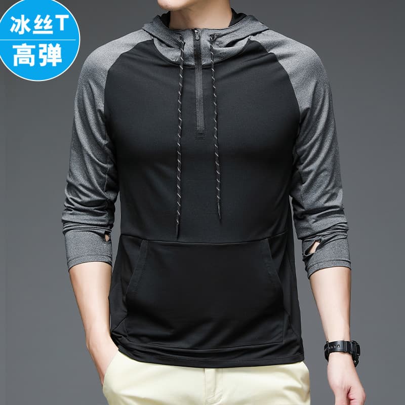 Long-Sleeve Hooded T-Shirt for Men Spring/Summer Fitness Casual Ice Silk T-Shirt Men's Breathable Thin Sports Sweatshirt