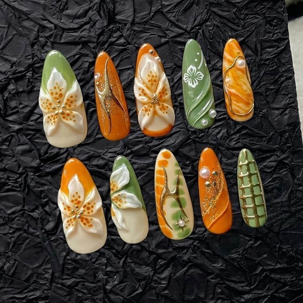 3D three-dimensional carved cross-border best-selling long almond wearable nails, high-end emerald green carved nails, whitening manicure
