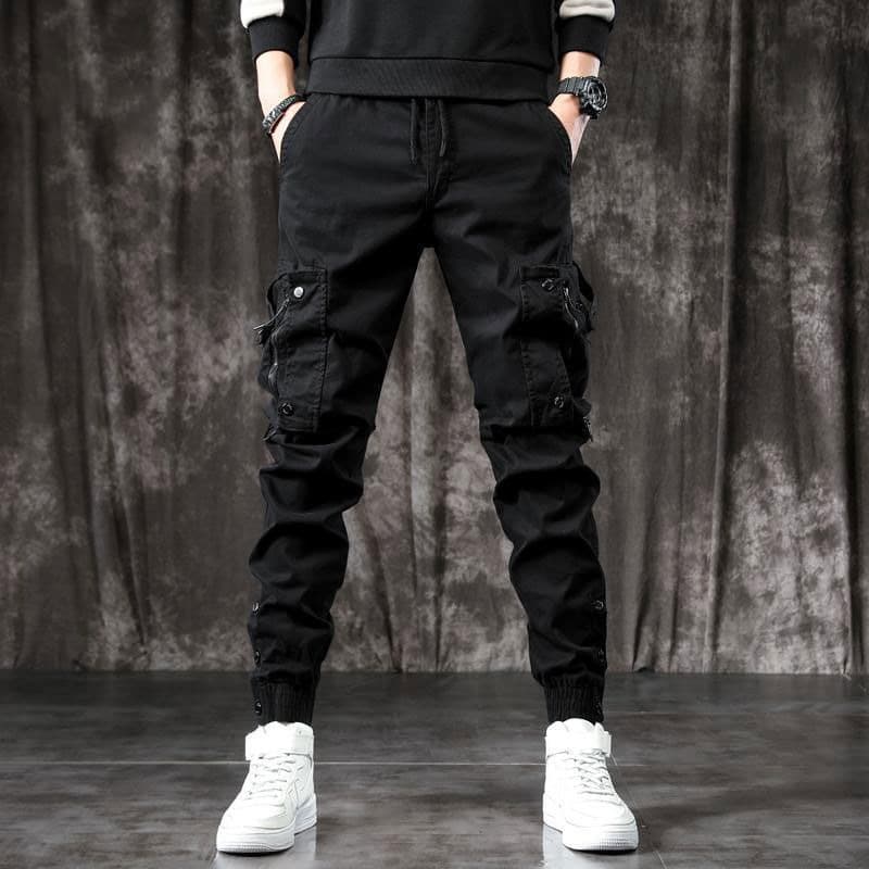 Spring Autumn Trendy Men's Workwear Pants Cuffed Multiple Pockets Black American Style Slim Fit Long Trousers Casual Cotton Blend