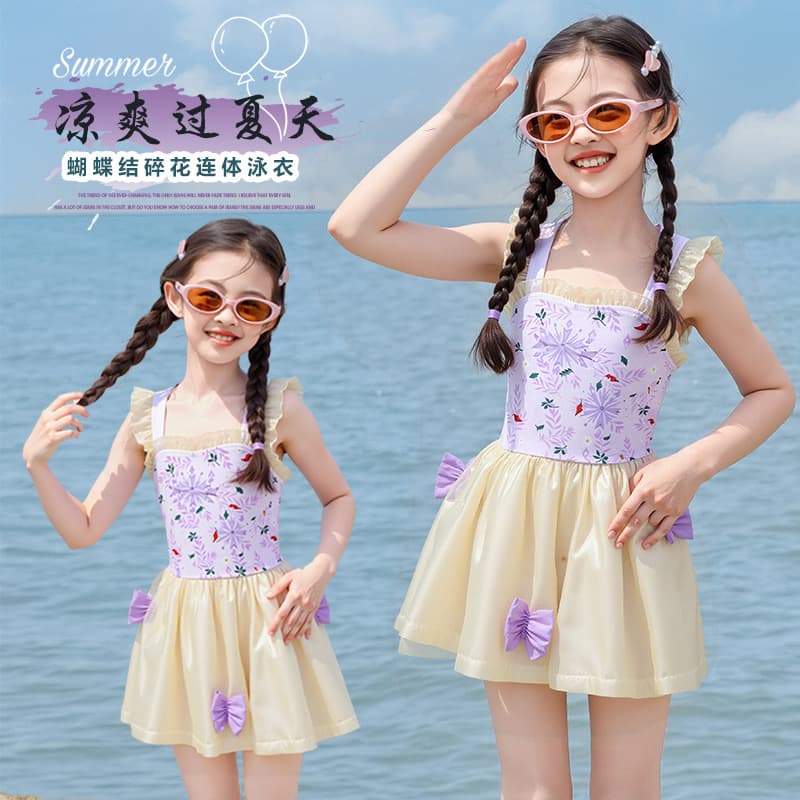 Girls' Swimwear 2026 New Style Children's Skirted One-Piece Swimsuit Summer Girls' Pretty Lace Bowknot Swimwear