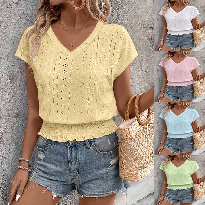 2025 Spring/Summer Temu Cross-Border New European and American V-Neck Jacquard Hollow Shirred Short-Sleeve T-Shirt Fashion Casual Top for Women