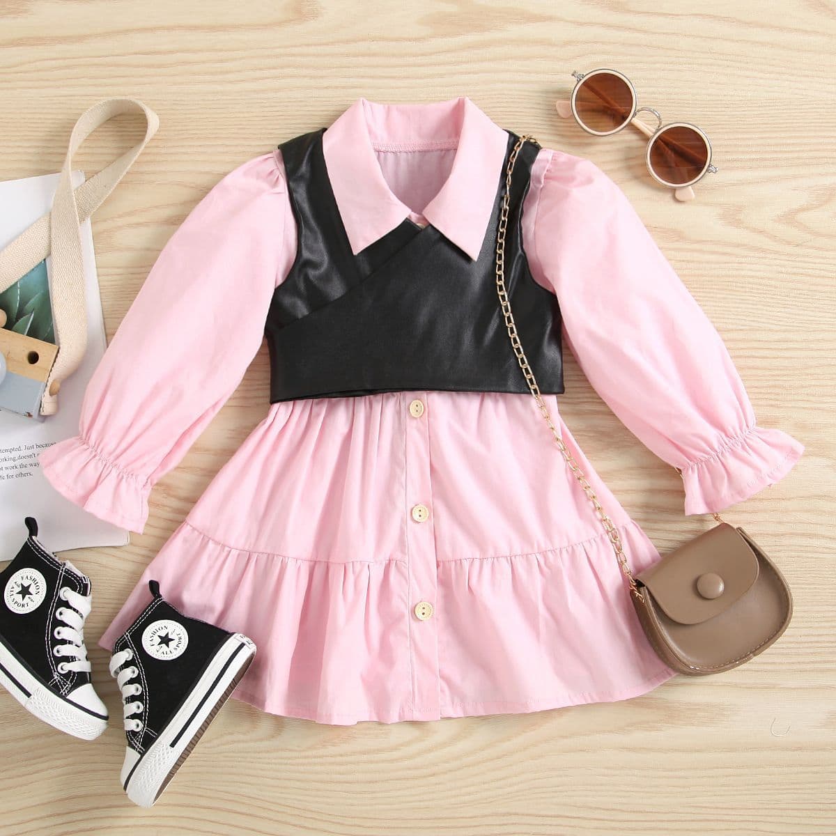 New Cross-Border Women's and Children's Fashion Pink Stand Collar Shirt Dress Black Leather Vest Baby Girl Suit