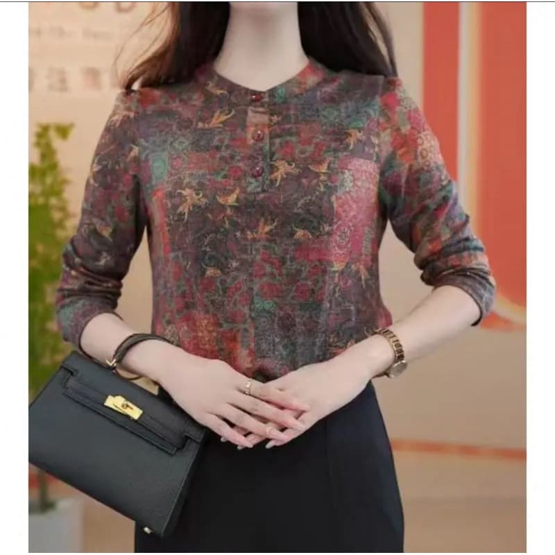 Printed Round Neck Korean Style Blouse Slimming Autumn New Long Sleeve Base Layer I Fashion Stylish Mom T-Shirt Shirt