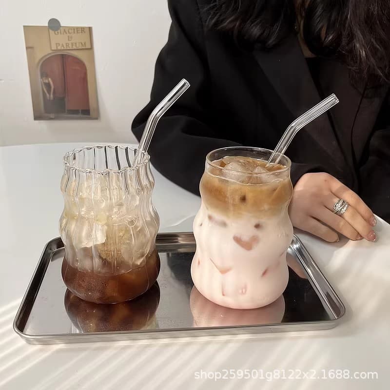 Chubby coffee glass cup with straw, ins style household girl's good-looking milk tea cup for drinking cold water drinks