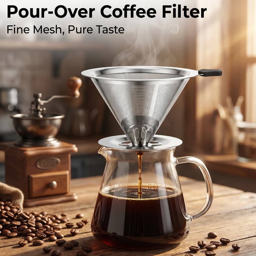 304 Stainless Steel Coffee Filter Funnel, Coffee Filter Net, Hand Brew Coffee, Paperless Filter, Double-Layer Coffee Filter