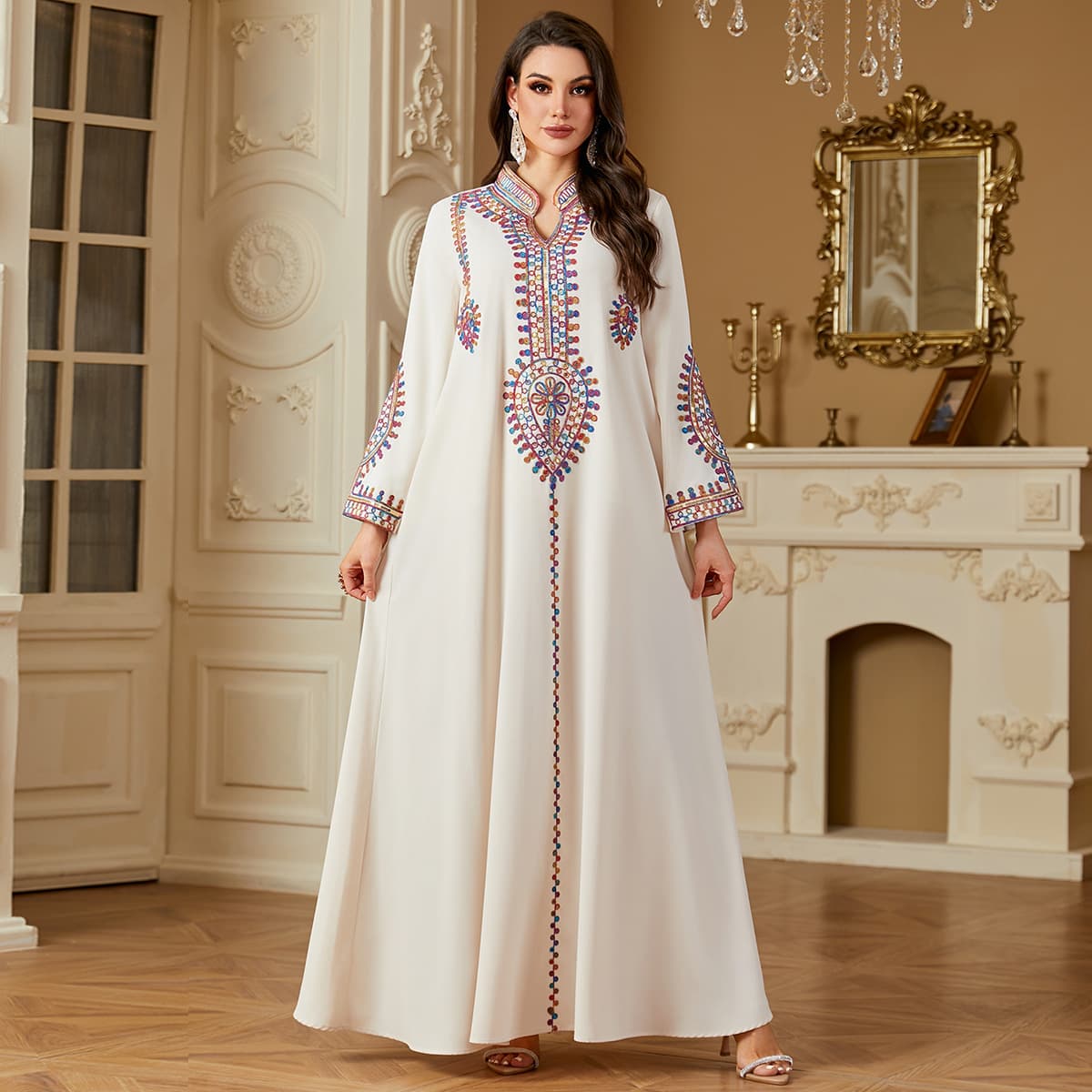 4219 Cross-Border Hot Ethnic Style Long Sleeve Dress with Rope Embroidery, Loose Fit Standard Size, Fashionable and Elegant Long Dress for All Seasons