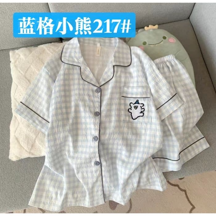 [Ready stock] Sweet pajamas, summer clouds, cotton short-sleeved shorts, girls' lapel pajamas, women can wear outside the home