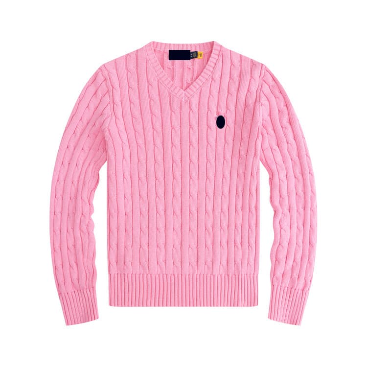 Autumn/Winter Women's Embroidered Logo Polo Sweater V-Neck Cotton Cable Knit Pullover
