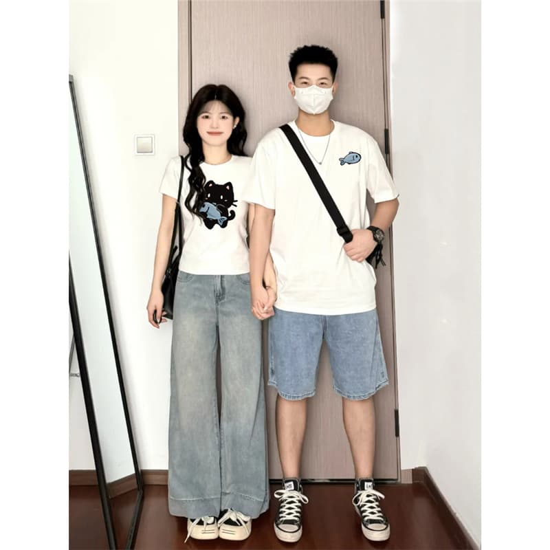 Unique Couple Short-Sleeve Set, 2025 Summer New Arrival, Super Popular Niche Versatile Set, One Long and One Short Sleeve, Men's and Women's
