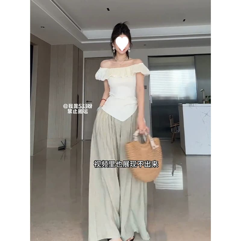 Ruffle One-Shoulder Tie Top Women Summer 2025 New Loose Style Elegant Slim Wide-Leg Pants Set