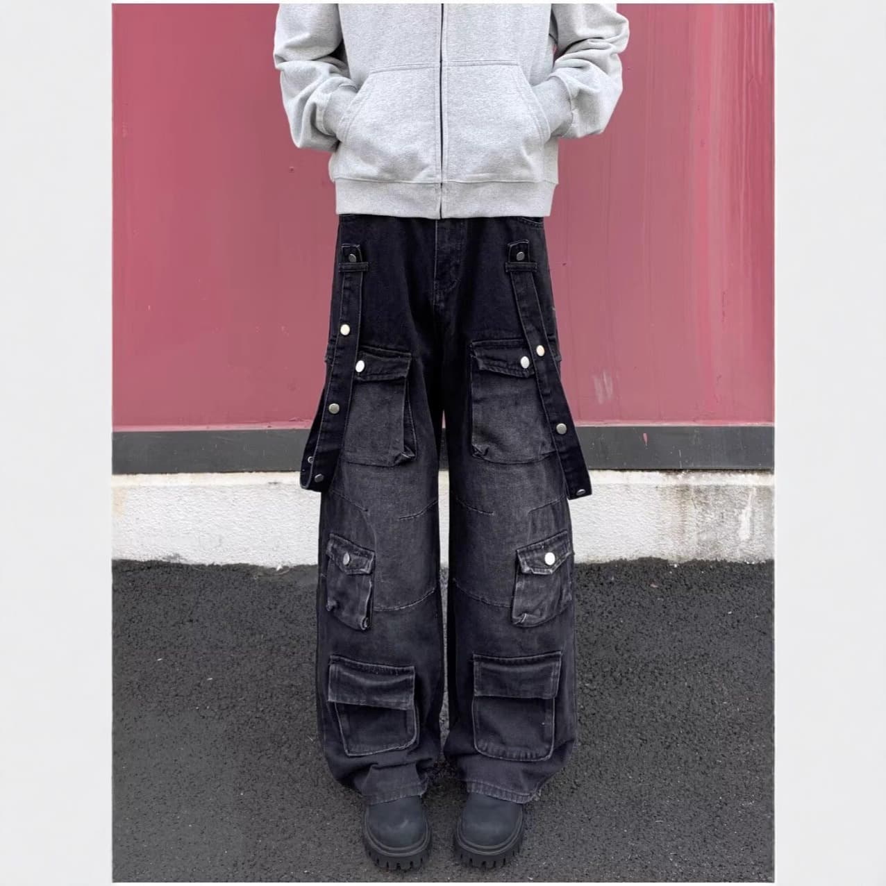 2025 Cross-Border Multi-Pocket Vintage Hong Kong Style Distressed Jeans Loose Wide-Leg Floor-Length Slimming Hip-Hop Pants