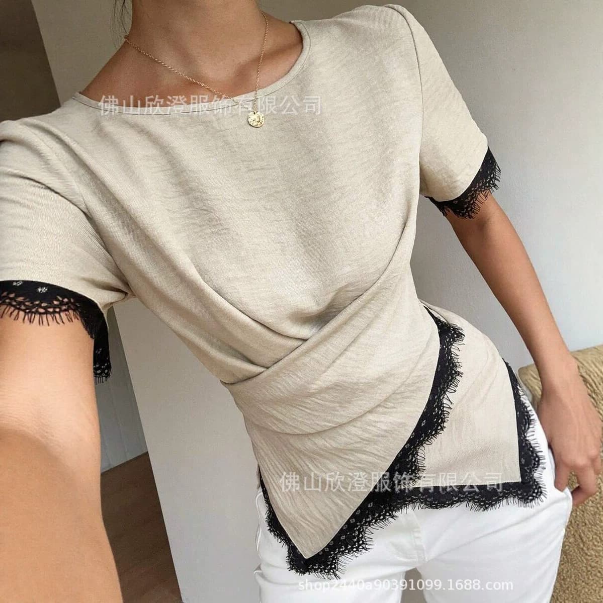 Contrast Lace Patchwork Top with Tie Front Cross Design