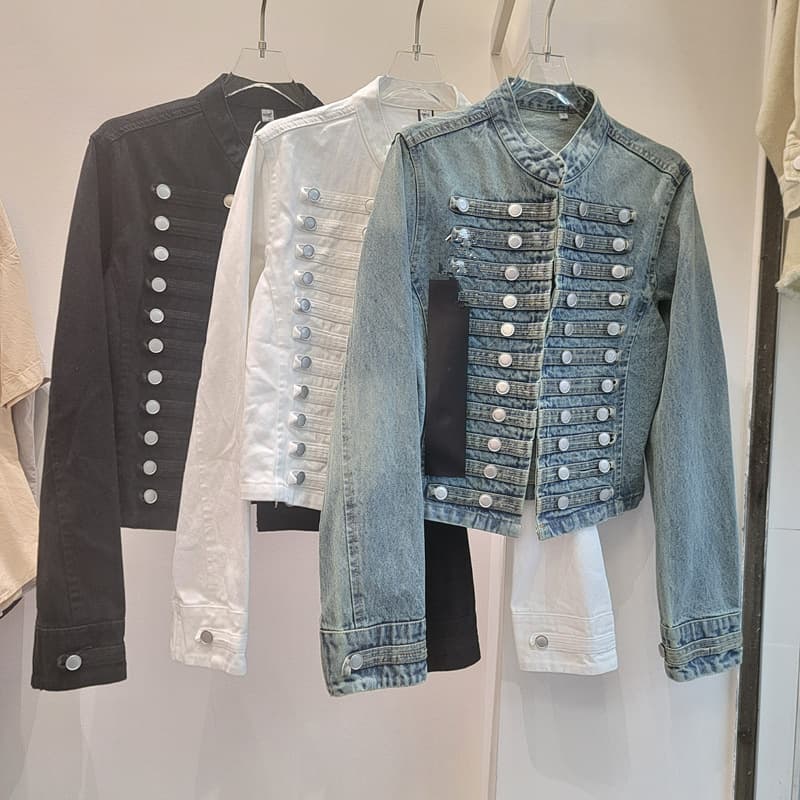 New Spring/Fall Stand-Collar Denim Jacket Distressed Washed Multi-Button High-Waist Slim Short Coat
