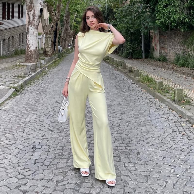 2025 Fall/Winter New Solid Color Sleeveless Asymmetric Neck Top with Pocket Straight Leg Pants Set for Amazon Cross-Border E-Commerce