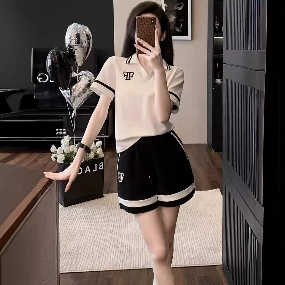 Fashionable Casual Sportswear Set for Women Summer 2024 Short Sleeve Polo Collar Letter Print Shorts Running Two-Piece Set Trendy