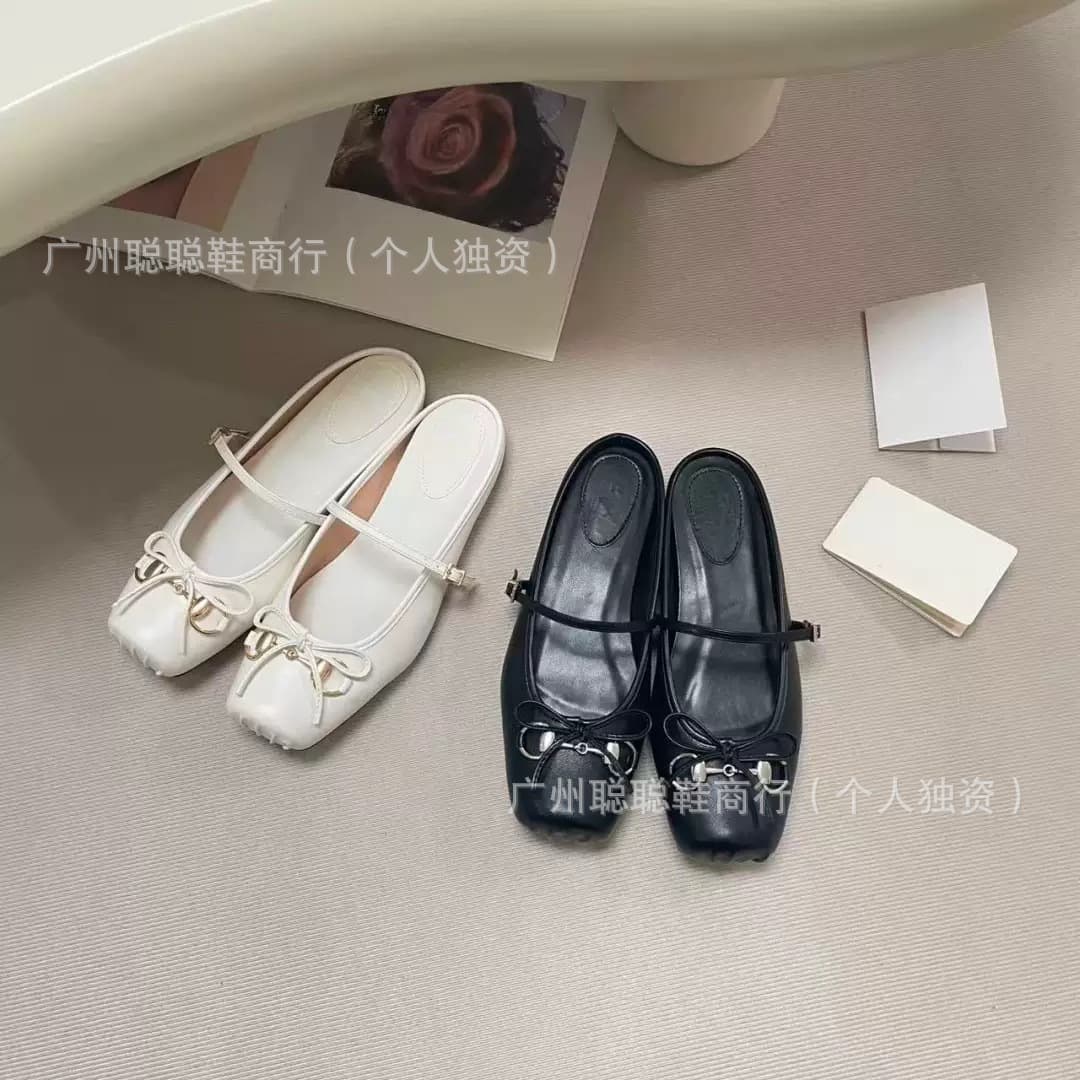 Gucci-style Half-Slip Flat Shoes 2026 New Horsebit Bow Ballet Flats Square Toe Versatile Mary Jane Shoes Trendy