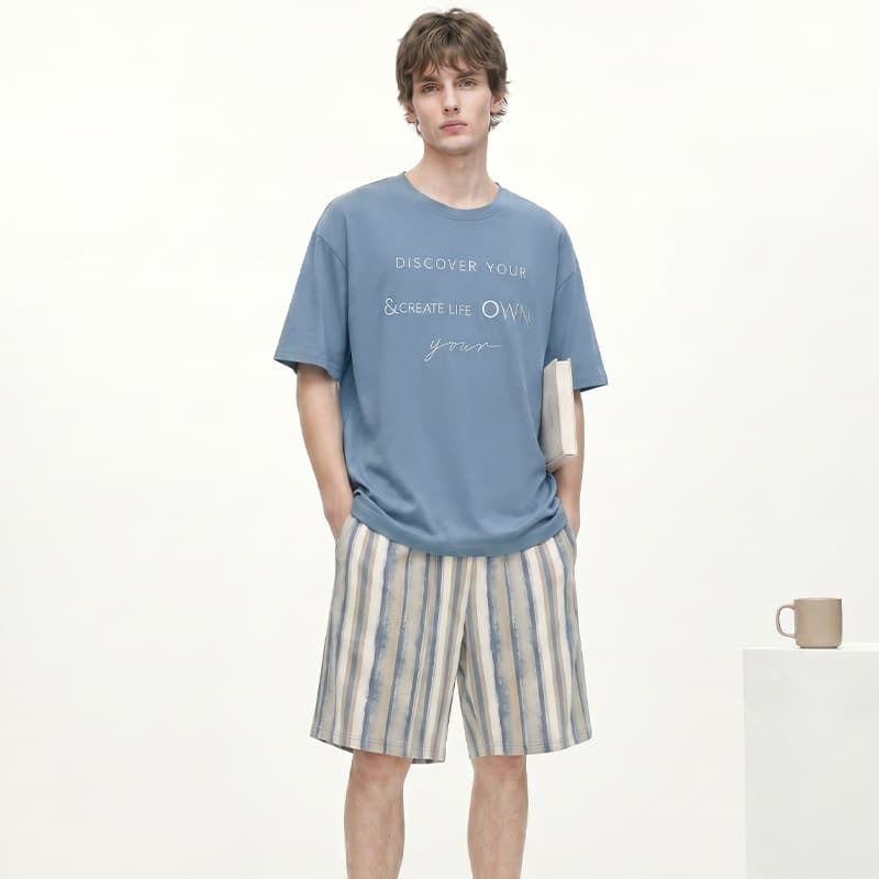 Summer new pure cotton men's short-sleeved shorts pullover pajamas casual men's home clothes picture color home spring