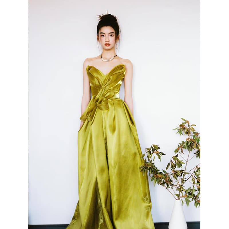 Strapless Morning Robe Women's Bride Engagement Wedding Evening Dress Yellow High-End Heiress Style Toast Dress Light Wedding Gown