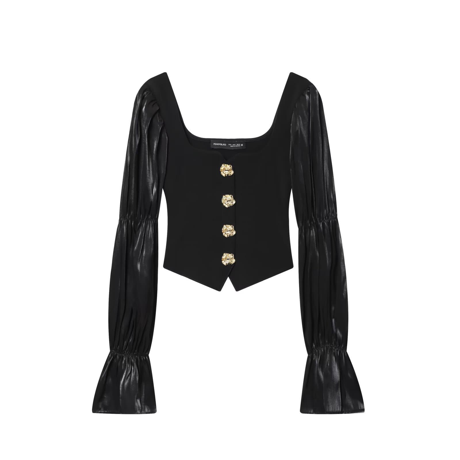 2026 Spring New Arrival Women's Top Gentle Intellectual Button Patch Elastic U-Neck Blouse 5584218